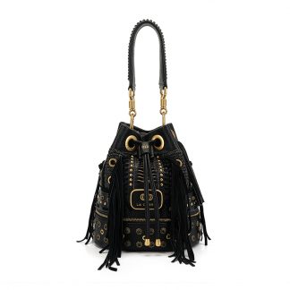 La Carrie YLEM910-1 Black Studded Fringe Bucket Bag